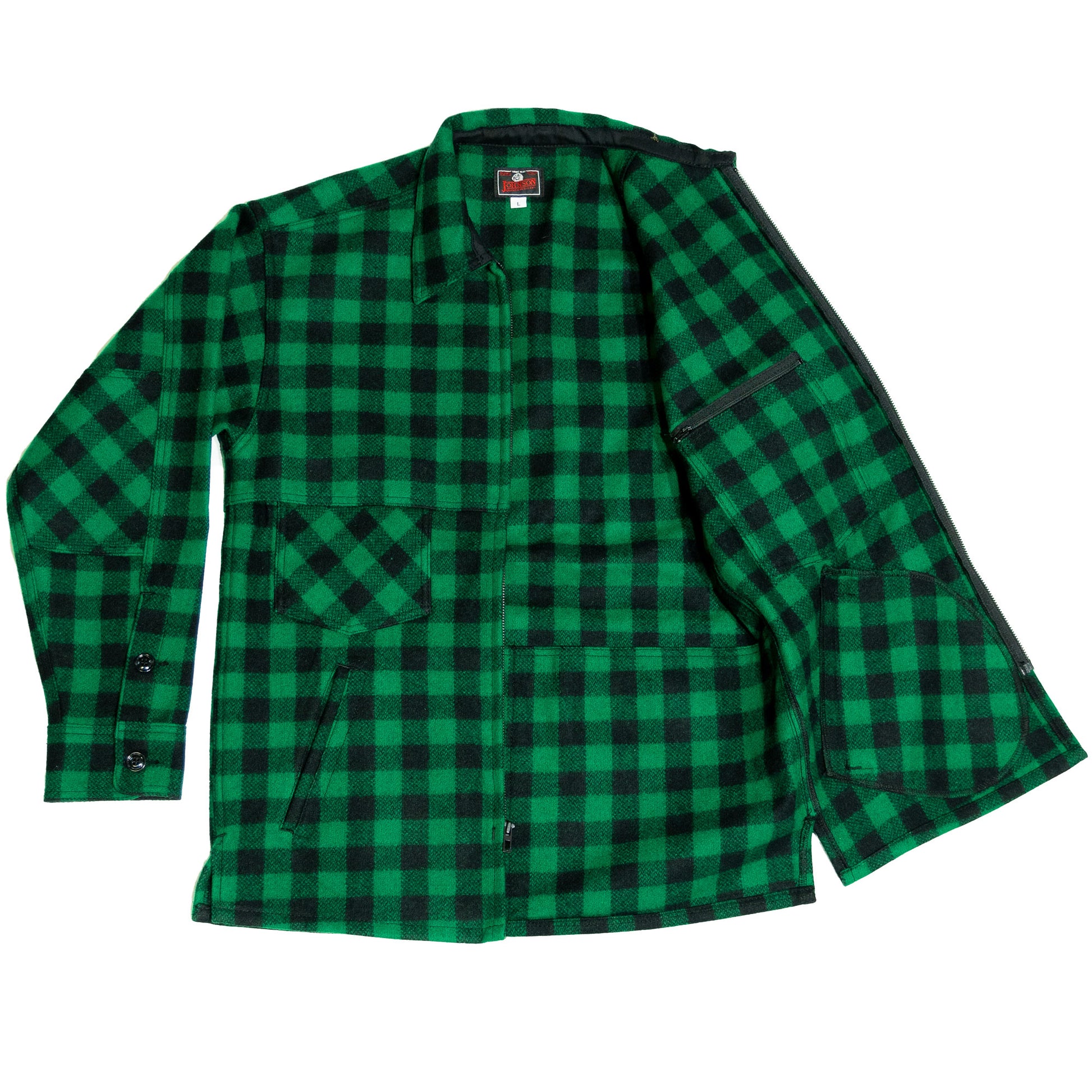 Johnson Woolen Mills northwoods x 1842 green and black buffalo check jac shirt opened up