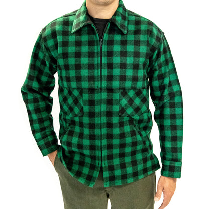 Johnson Woolen Mills northwoods x 1842 green and black buffalo check jac shirt on model