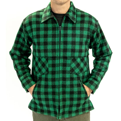 Johnson Woolen Mills northwoods x 1842 green and black buffalo check jac shirt on model with hands in pockets