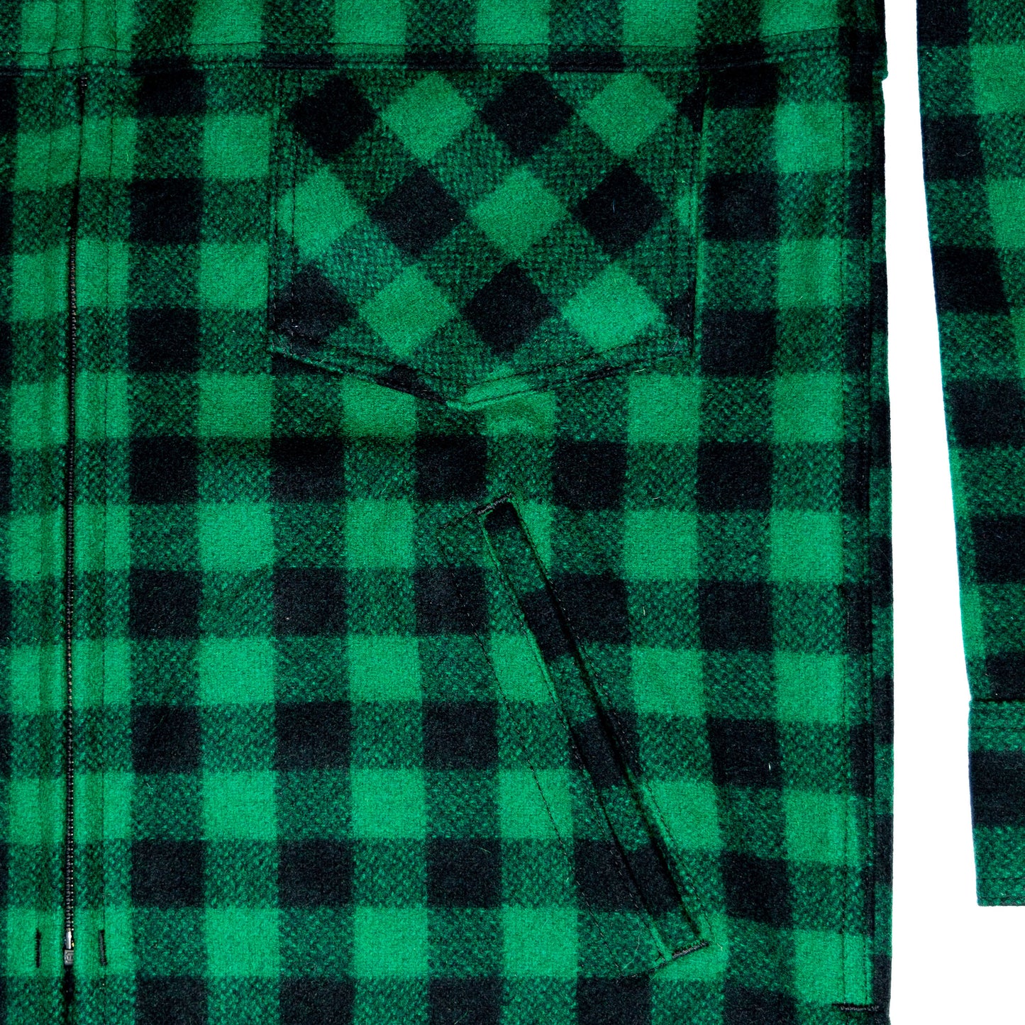 Johnson Woolen Mills northwoods x 1842 green and black buffalo check jac shirt close up of front pockets