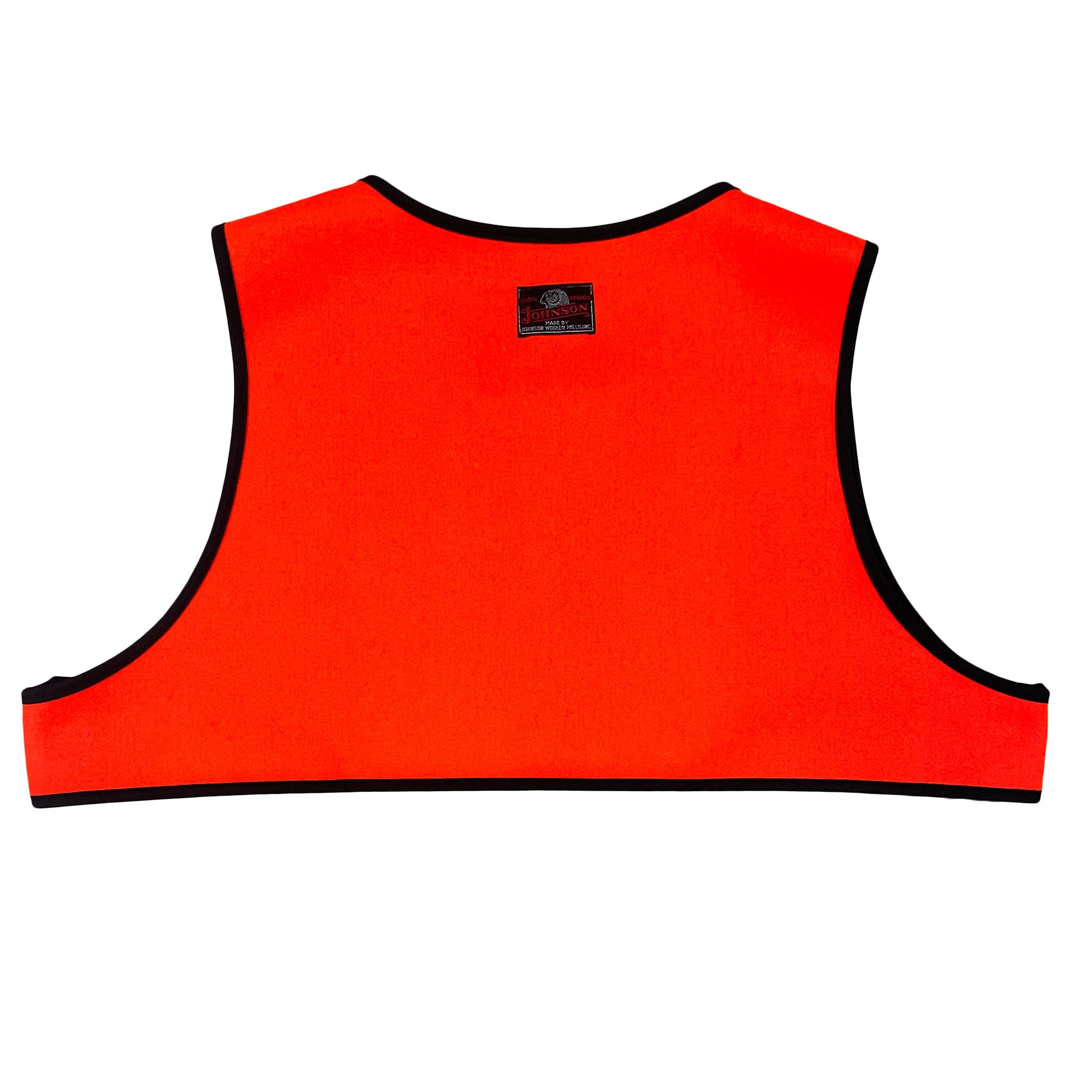 Back side Blaze orange 100% wool safety cape. Johnson Woolen Mills tag on top center of cape 