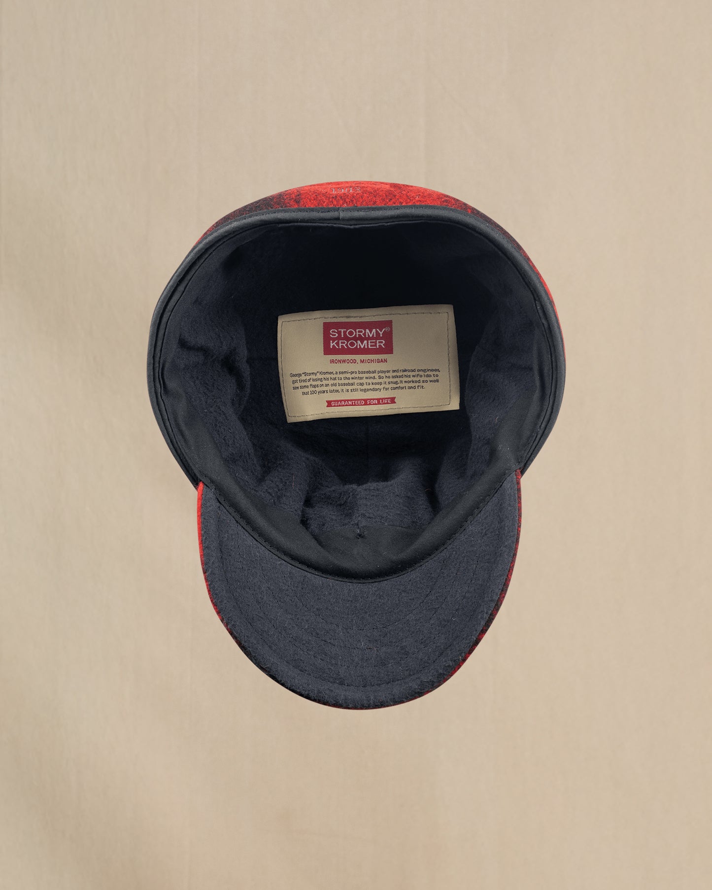 Interior View of Stormy Kromer Original Red and black plaid wool hat