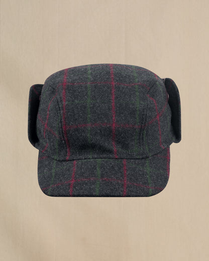 Stormy Kromer Adirondack Plaid Bergland Cap front view with ear flap up 