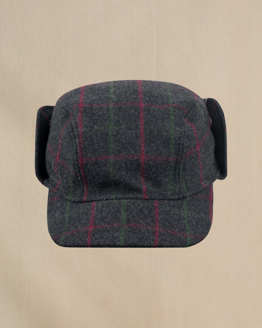 Stormy Kromer Adirondack Plaid Bergland Cap front view with ear flap up 