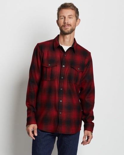 Pendleton Scout red and black plaid button down shirt on model