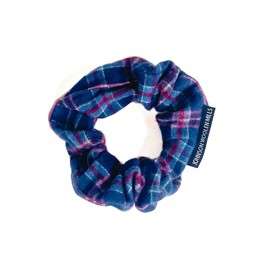 Raspberry, blue and white plaid flannel scrunchie