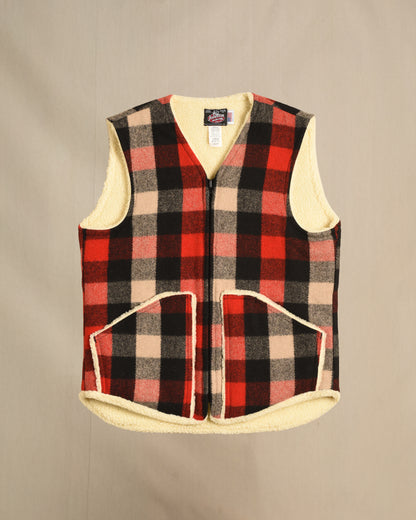 Vest with sherpa lining, red/ivory/black 2 inch buffalo squares, zipper front with two pockets, zipped front view
