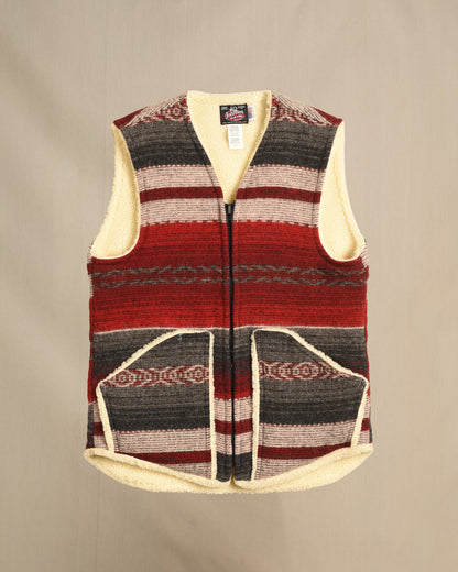 Vest with sherpa lining, Sterling Mountain, red/gray Indian print, zipper front with two pockets, zipped front view
