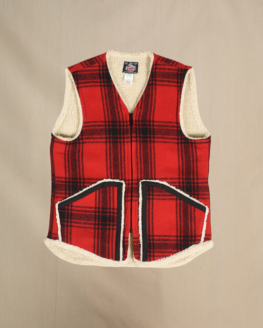 Vest with sherpa lining, Bright red & black muted plaid, zipper front with two pockets, zipped front view