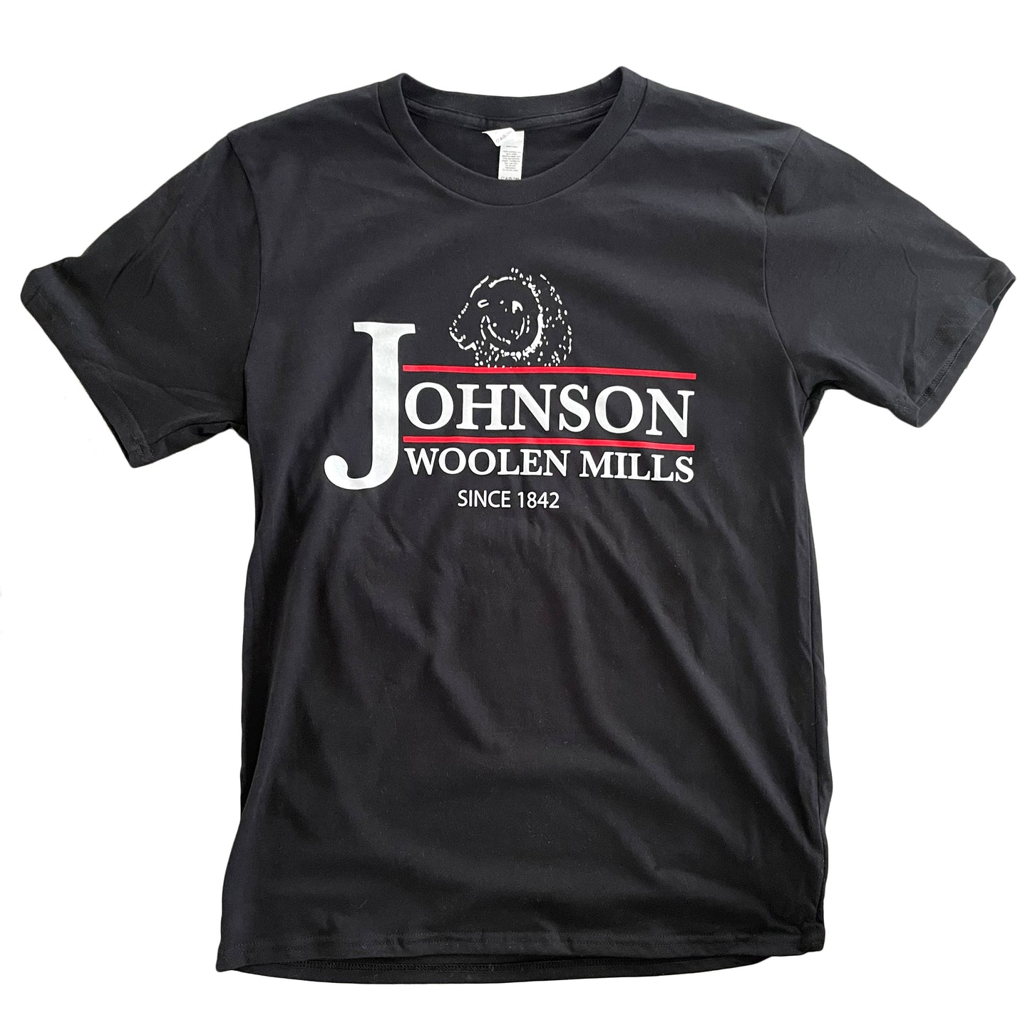 Black T-shirt with Johnson Woolen Mills logo screen printed on front
