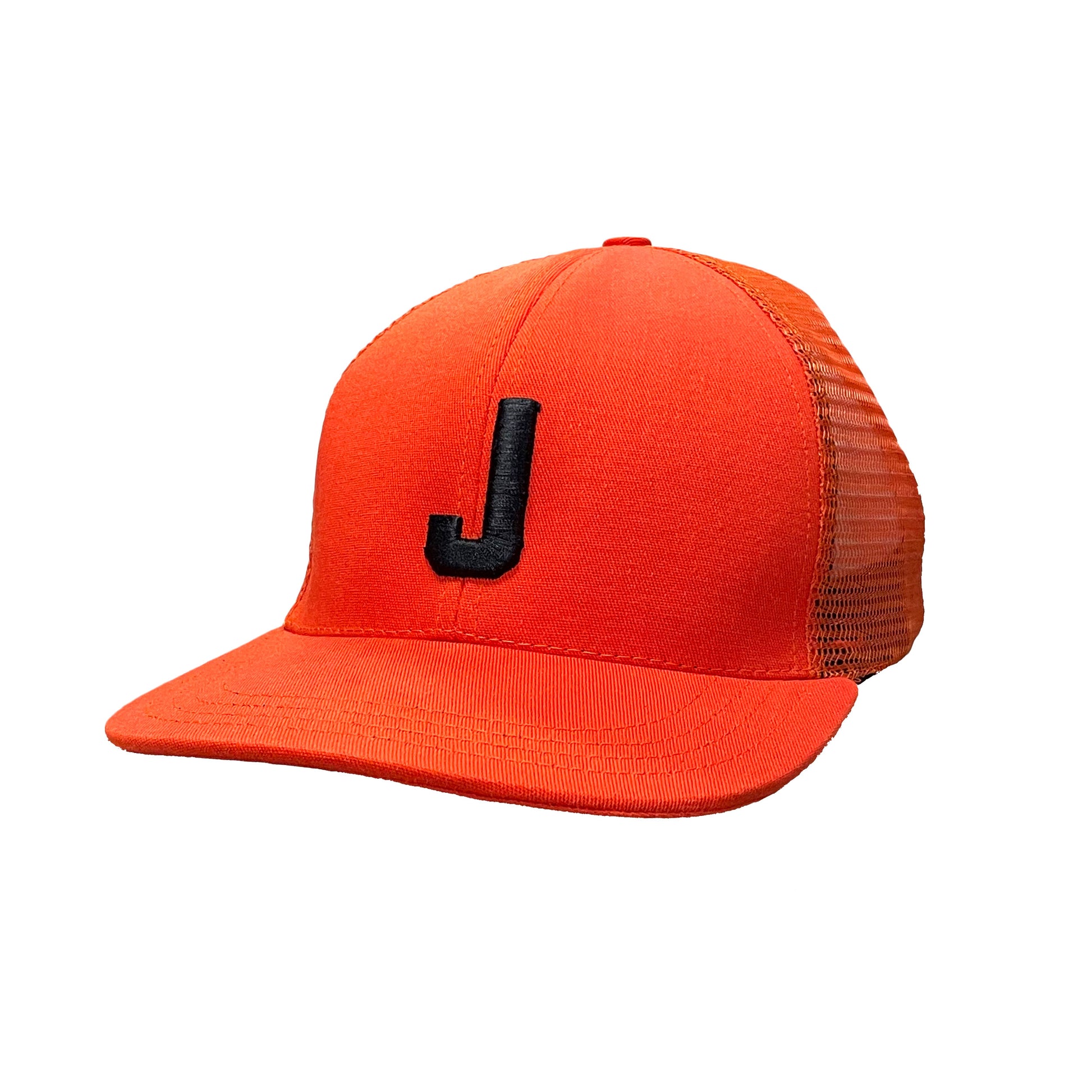 J Orange Trucker hat side view