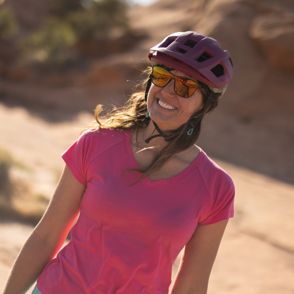 Women's Nuyarn® V-Neck Short Sleeve on model biking