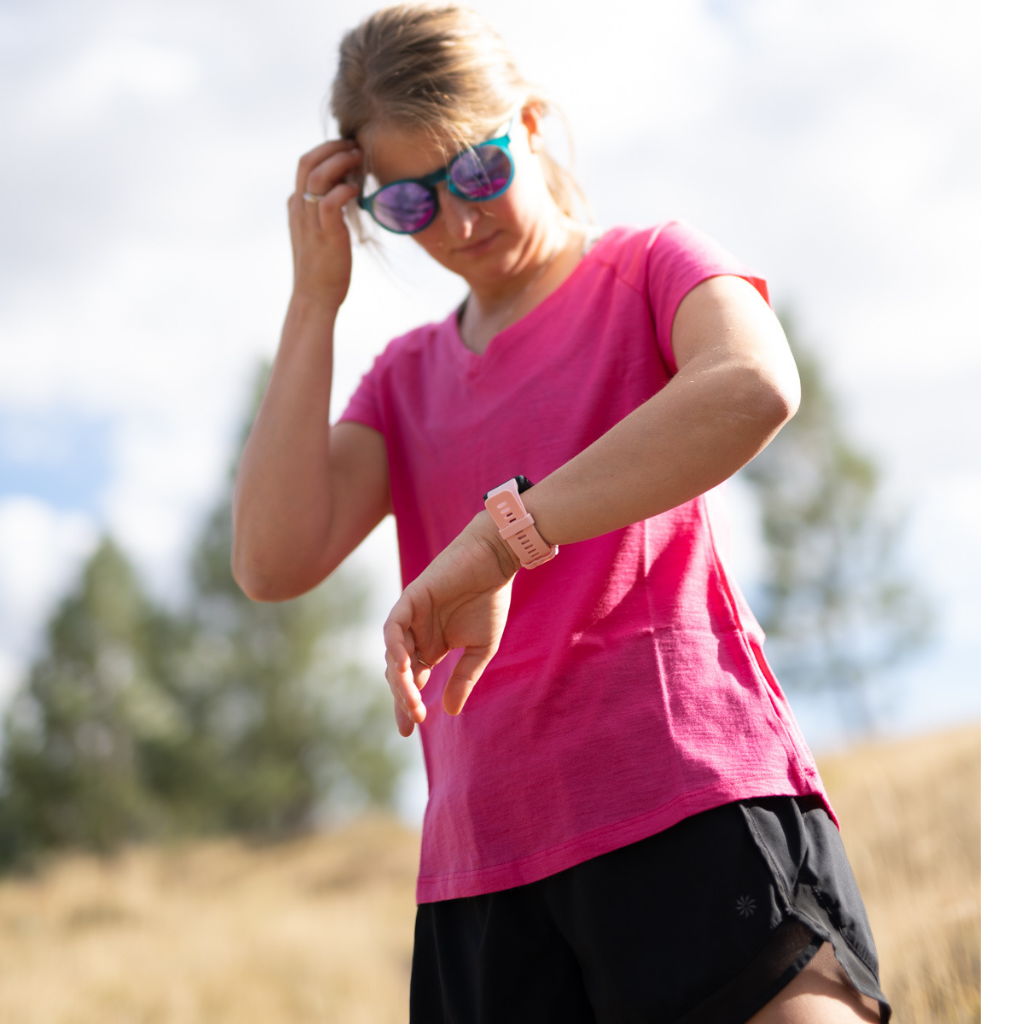 Women's Nuyarn® V-Neck Short Sleeve on model looking at watch