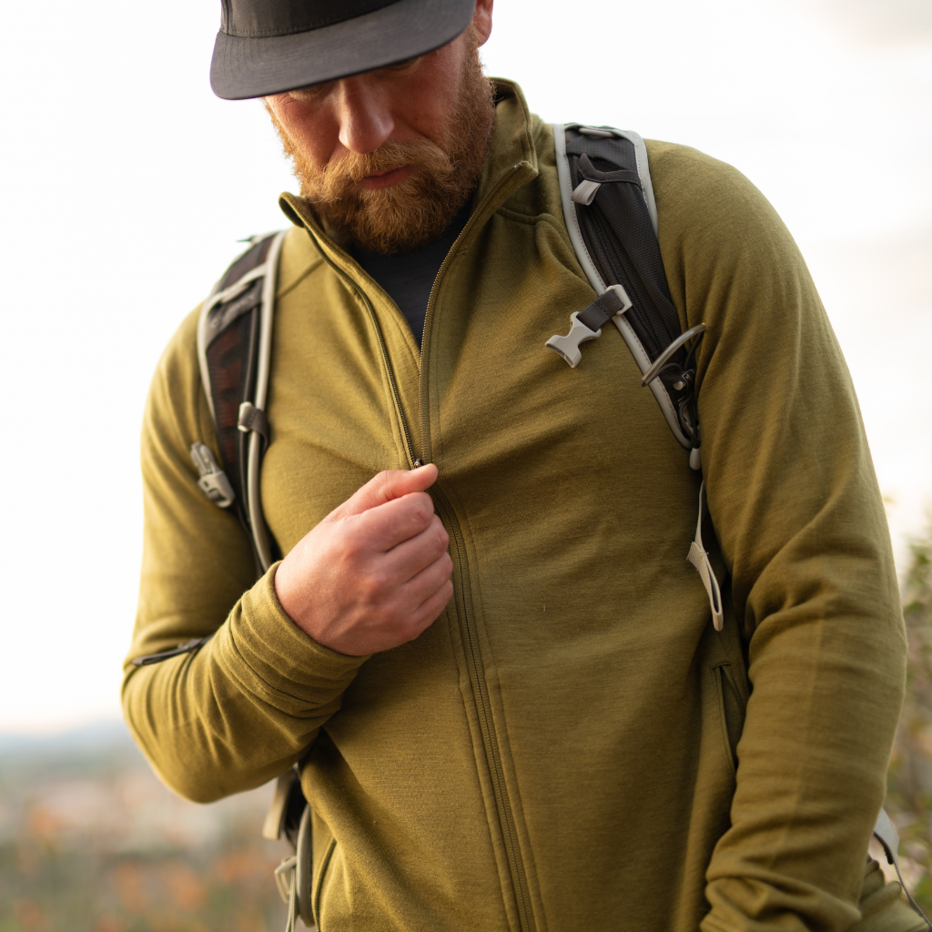 Wuru Men's Nuyarn® Everyday Merino Wool Zip-Up on model hiking