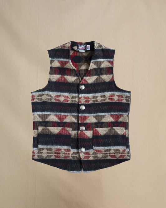 Vest with four brushed nickel buffalo buttons, Hearthstone, black/red/tan print, two lower pockets, buttoned front view
