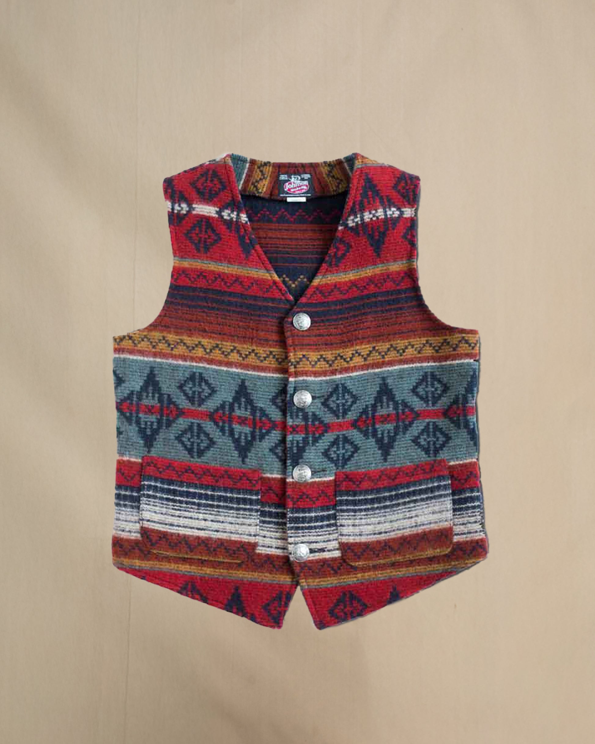 Vest with four brushed nickel buffalo buttons, Early Frost, navy/rust/gold/teal pring, two lower pockets, buttoned front view