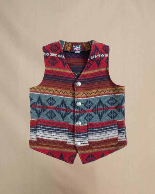 Vest with four brushed nickel buffalo buttons, Early Frost, navy/rust/gold/teal pring, two lower pockets, buttoned front view