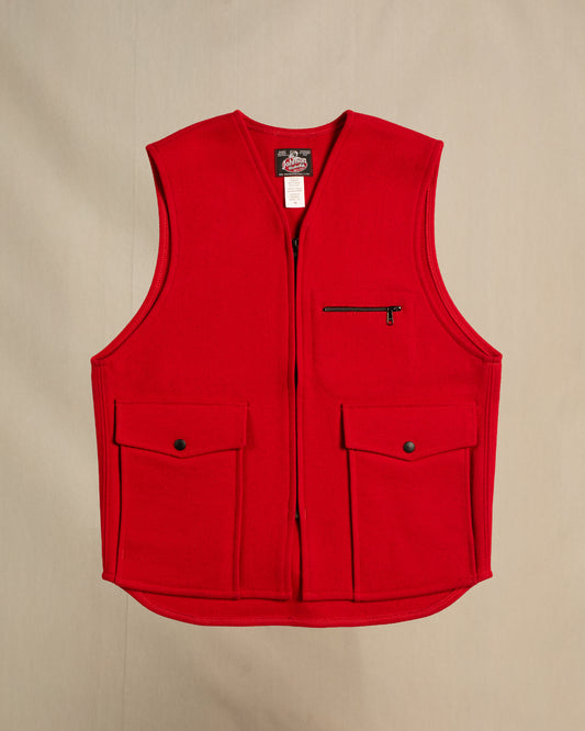 JWM Unlined Wool Vest, Bright Scarlet, zipper front, 2 large front pockets, 1 small zip pocket