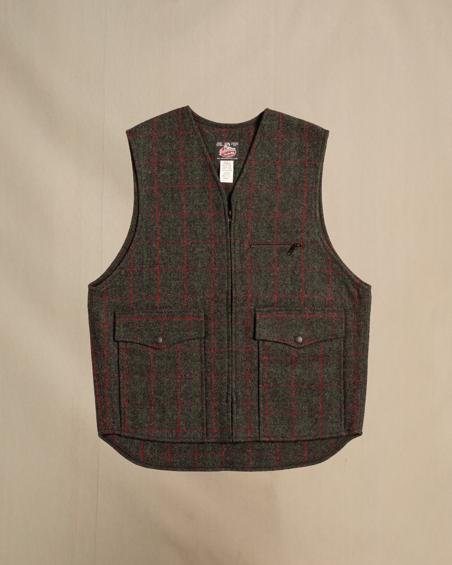 Vest unlined, Adirondack, grey with red & green pin stripes, zipper front, two large front pockets, adjustable back, front view