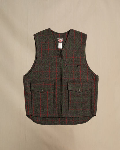 Vest unlined, Adirondack, grey with red & green pin stripes, zipper front, two large front pockets, adjustable back, front view