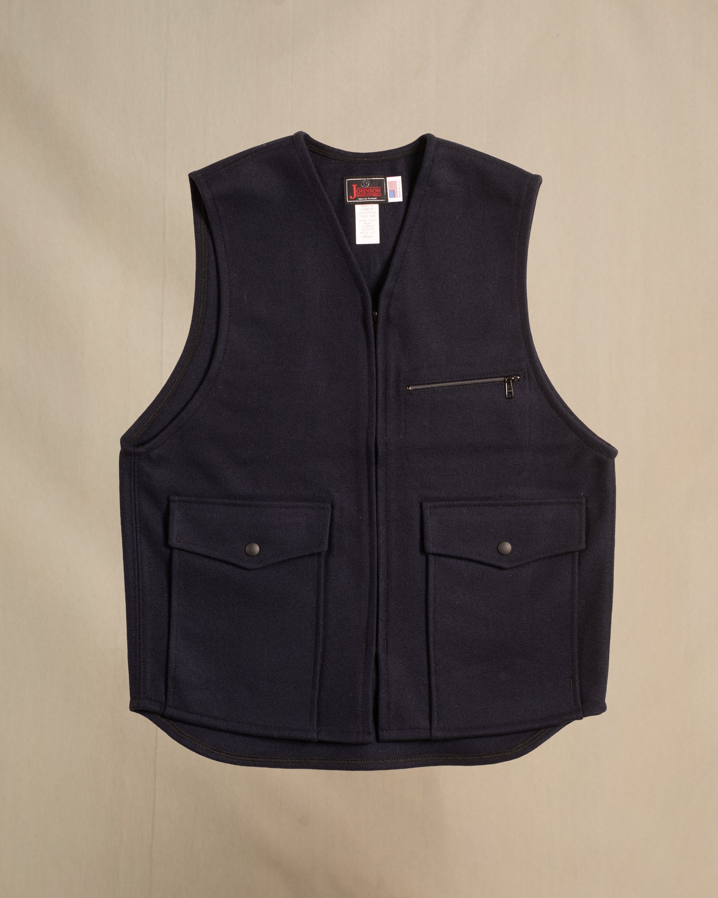 JWM Unlined Wool Vest, Navy Blue, 2 large front pockets, 1 small zip pocket