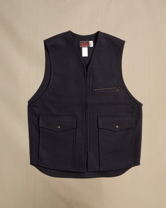 JWM Unlined Wool Vest, Navy Blue, 2 large front pockets, 1 small zip pocket