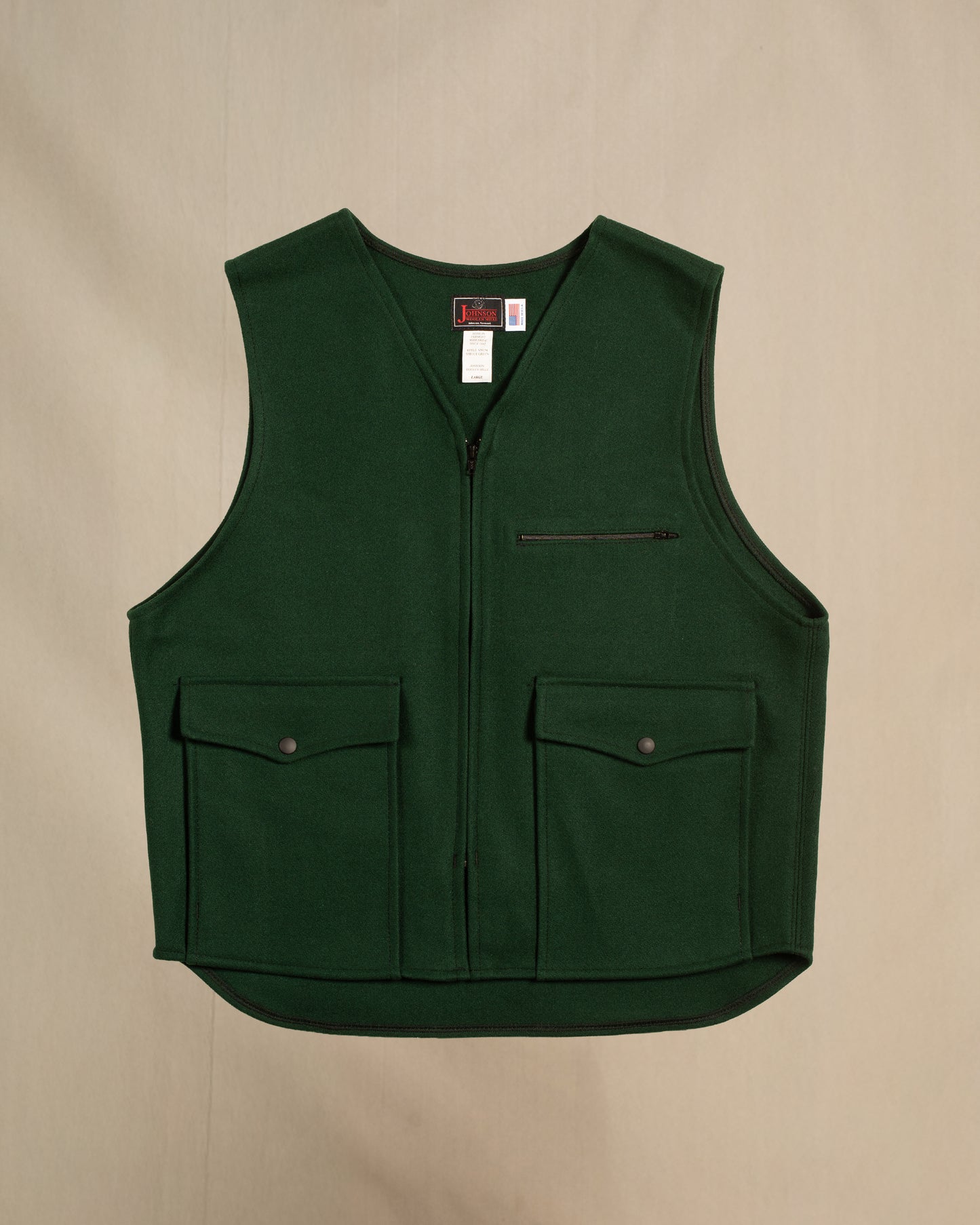 JWM Unlined Wool Vest, Spruce Green, 2 large front pockets, 1 small zip pocket