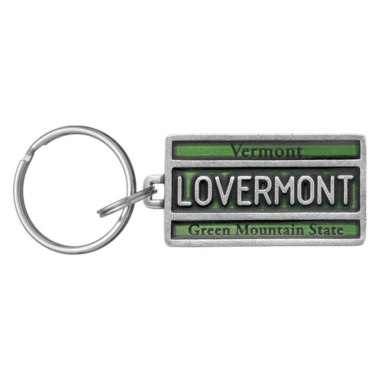Danforth Pewter Vermont license plate keyring with LOVERMONT