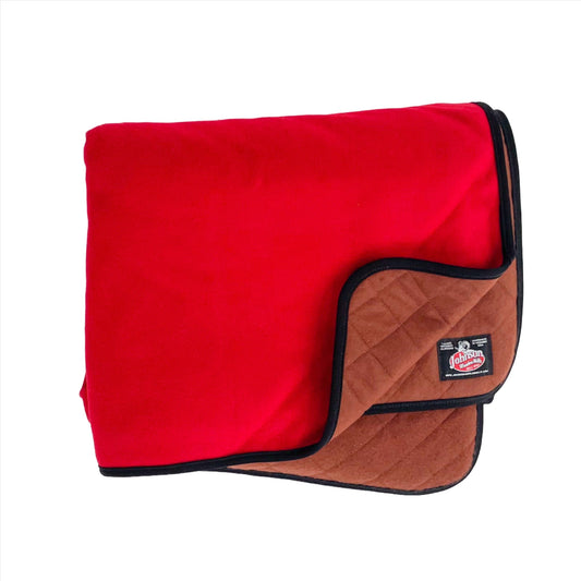 Bright scarlet woolen throw with tan quilted lining