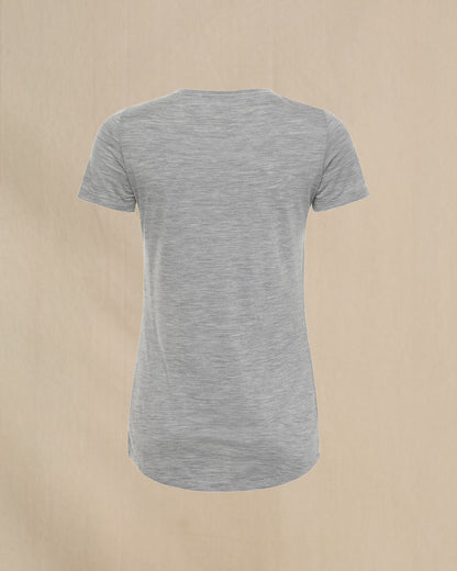 Women's 100% Merino Wool Short Sleeve Shirt in gray, back of shirt