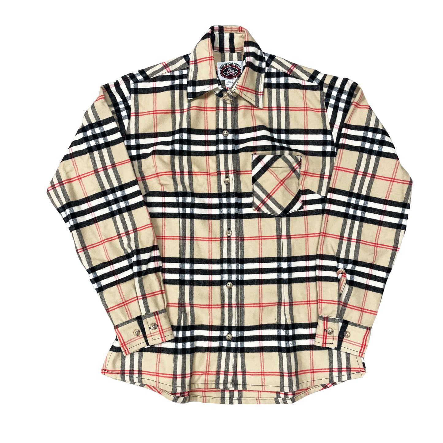 Green Mountain Flannel long sleeve button down shirt with 1 chest pocket, long tail and button cuffs. Shown in tan, red, black and white plaid.