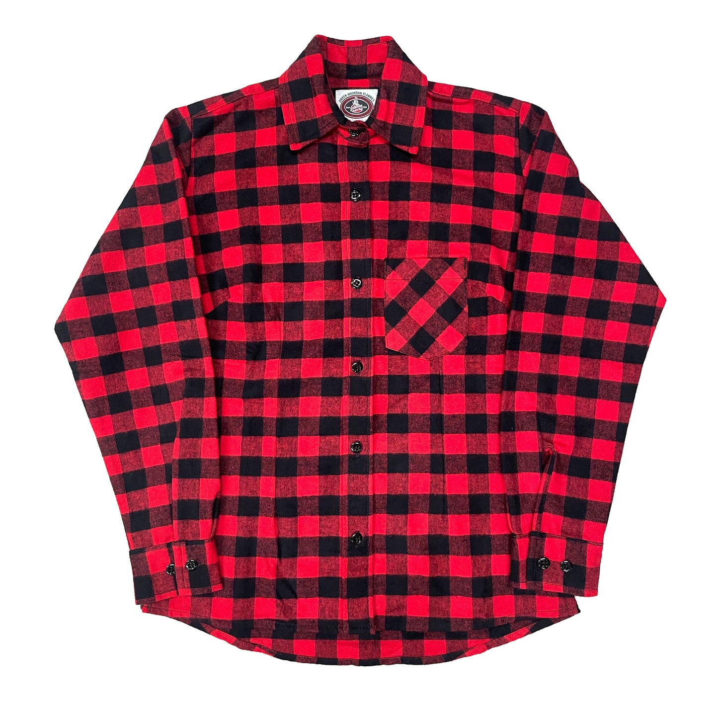 Green Mountain Flannel Women's long sleeve button down shirt with 1 chest pocket, long tail and button cuffs. Shown in red and black buffalo plaid plaid.