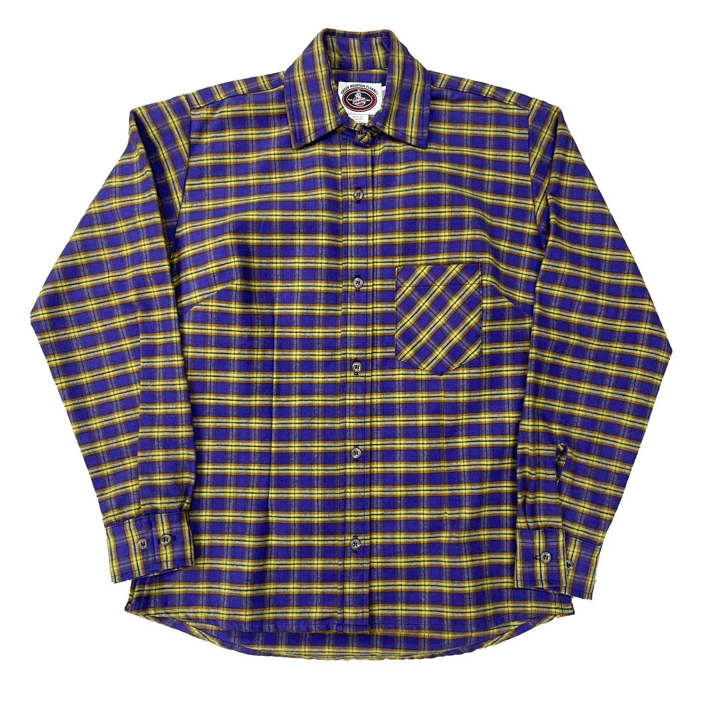 Green Mountain Women's Flannel long sleeve button down shirt with 1 chest pocket, long tail and button cuffs. Shown in purple and yellow plaid.