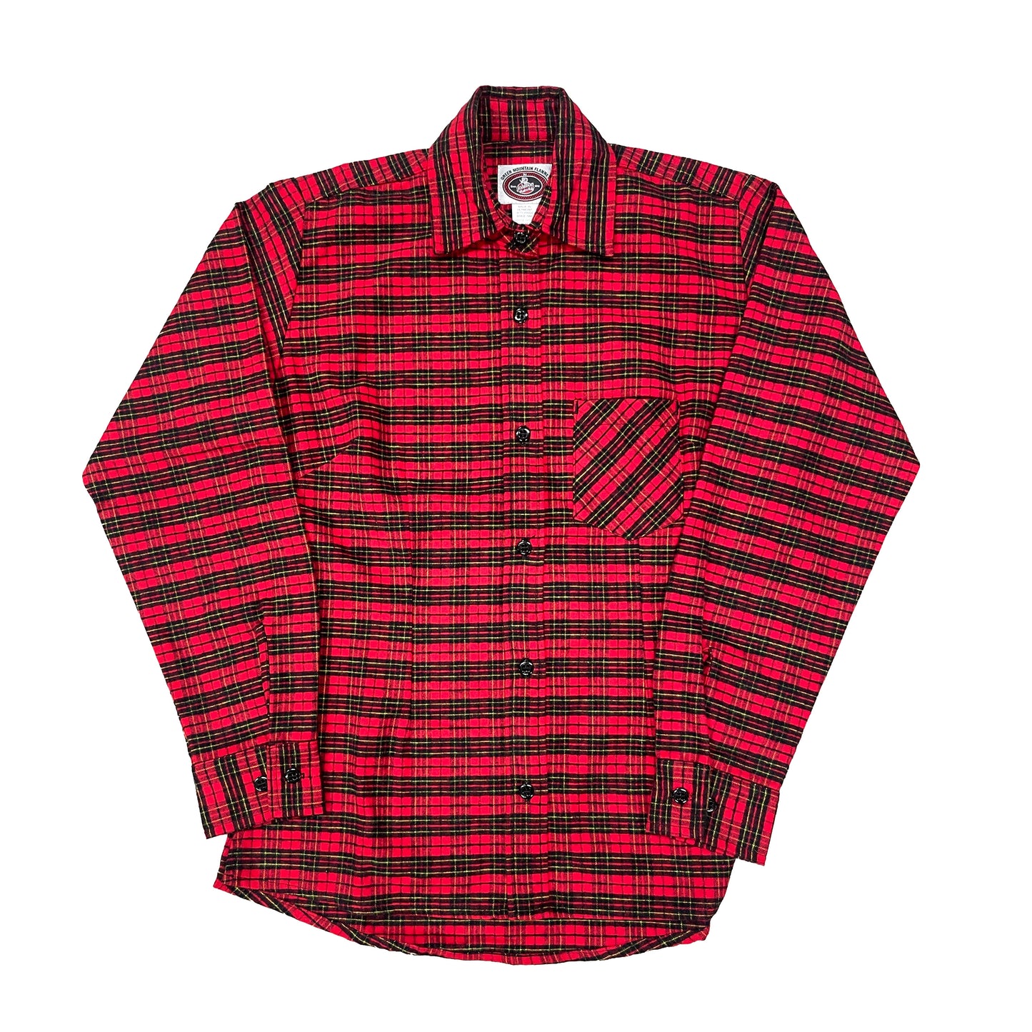Green Mountain Flannel women's long sleeve button down shirt with 1 chest pocket, long tail and button cuffs. Shown in red, tartan.
