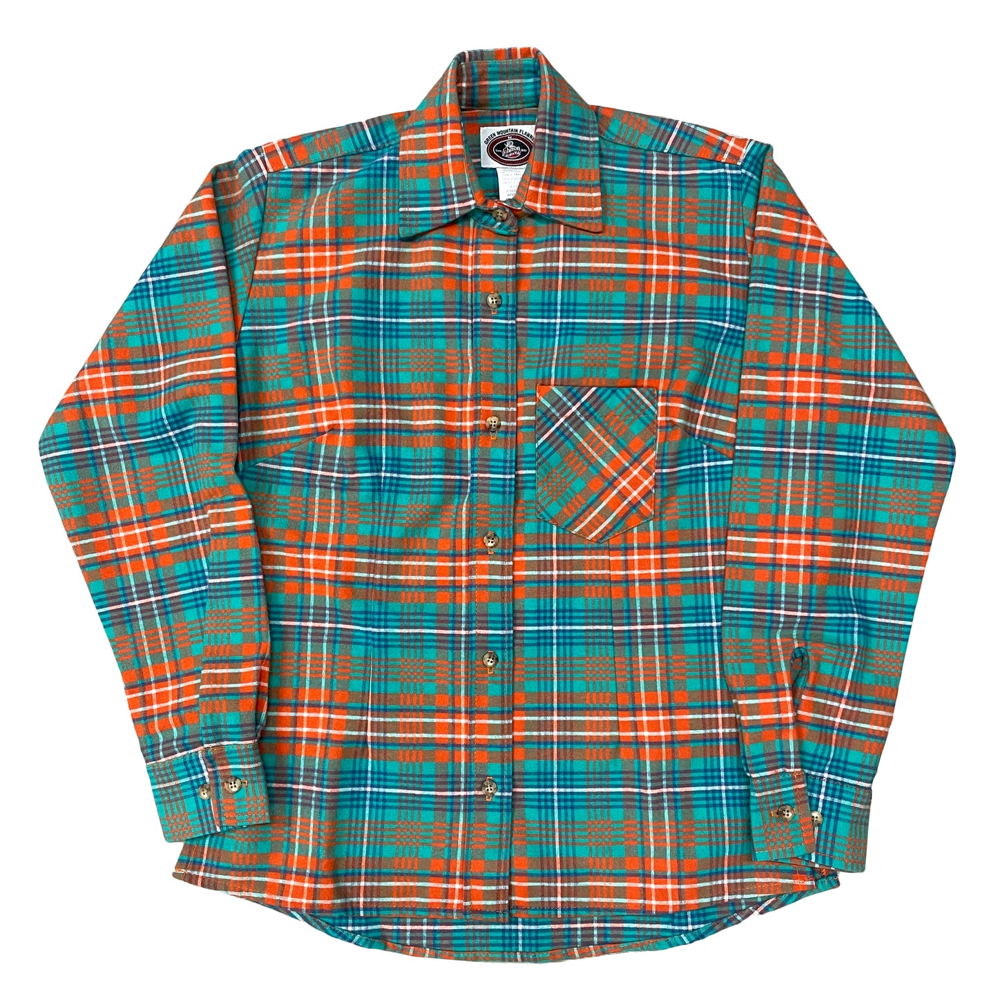 Green Mountain Flannel long sleeve button down shirt with 1 chest pocket, long tail and button cuffs. Shown in teal, orange, light blue and white plaid.