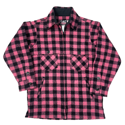 Womens Jac Shirt Pink & black 1 inch buffalo check, double cape over shoulders, zipper front, button collar & cuffs.