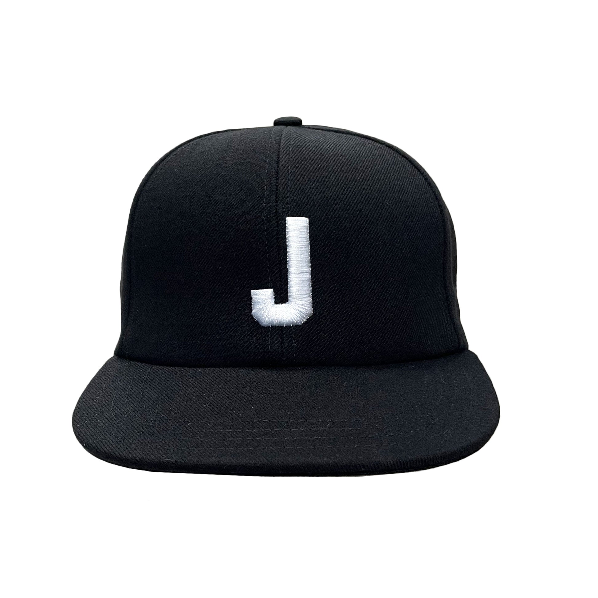 White embroidered J wool snapback hat