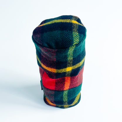 Bright red, green, and yellow  plaid wool driver headcover top view