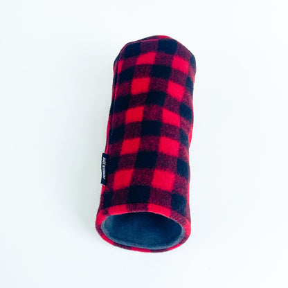 red and black buffalo check wool driver headcover laying on side with fleece lining 
