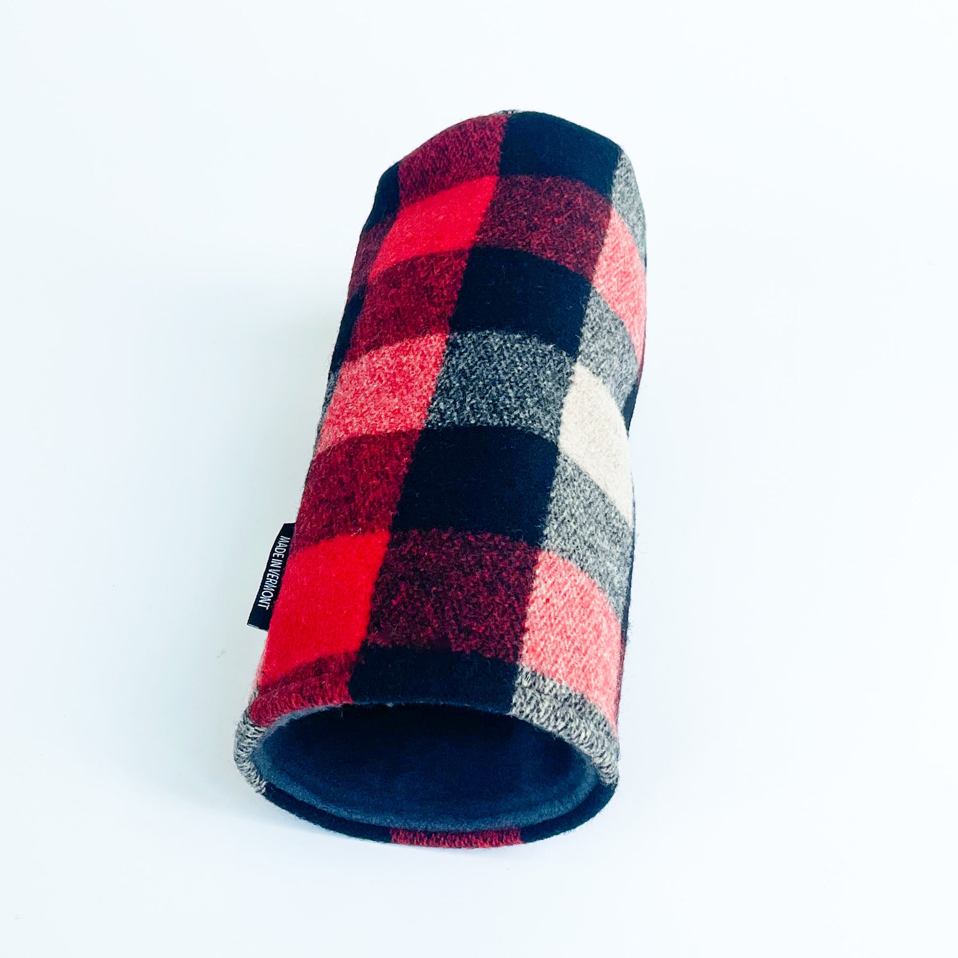 Red, black, and ivory buffalo check wool driver headcover shown with interior fleece lining