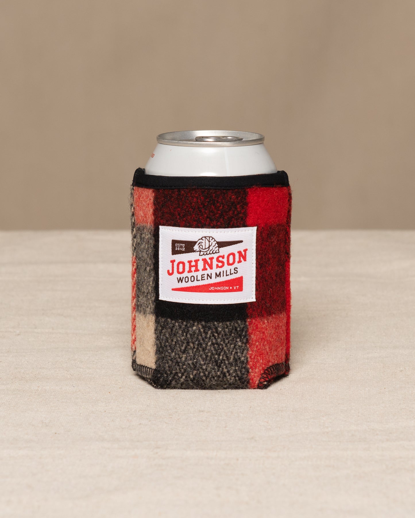 Wool koozie Red Ivory Black 2" Buffalo Check