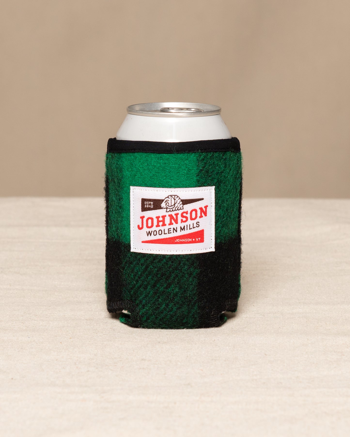 Wool koozie green and black buffalo check