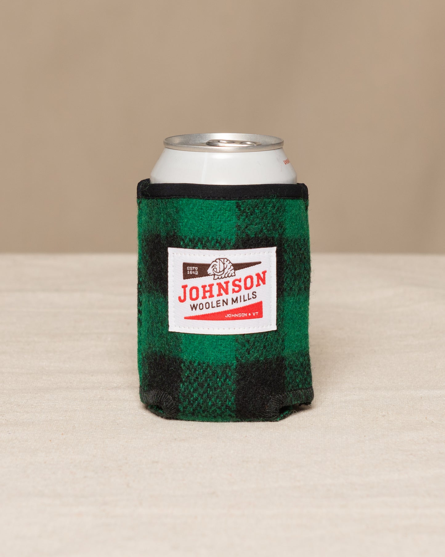 Wool koozie green and black buffalo check
