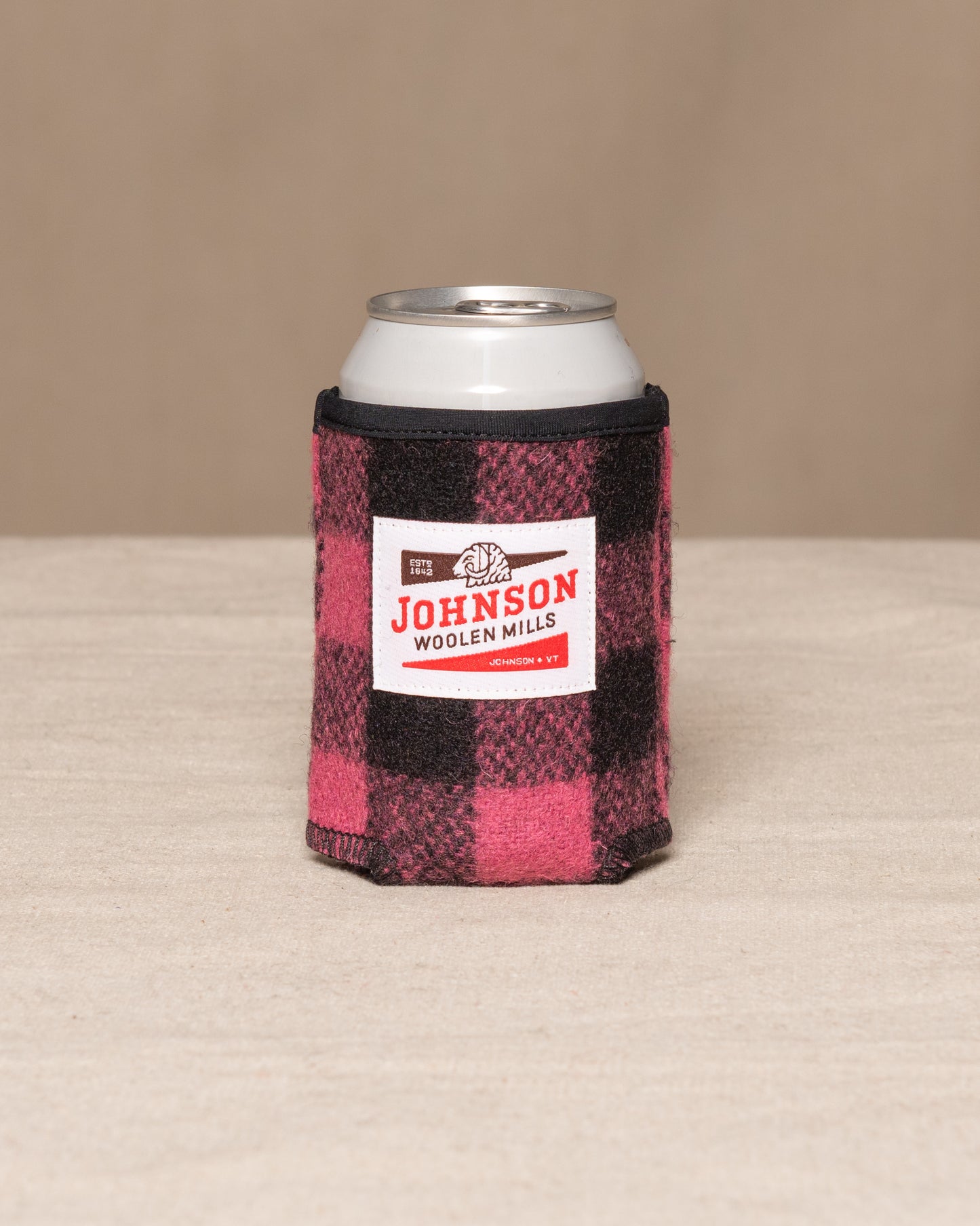Wool koozie pink and black buffalo check