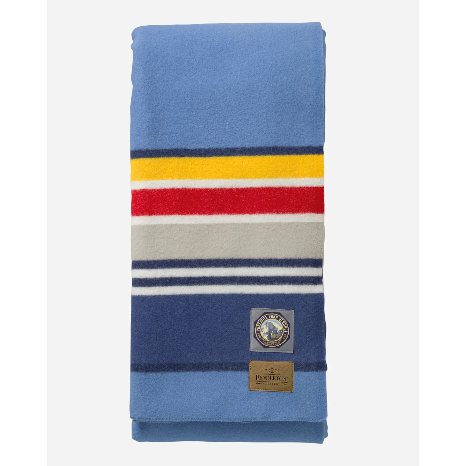 Pendleton Yosemite National Park blanket - light blue with yellow, red, gray and navy stripes on edge