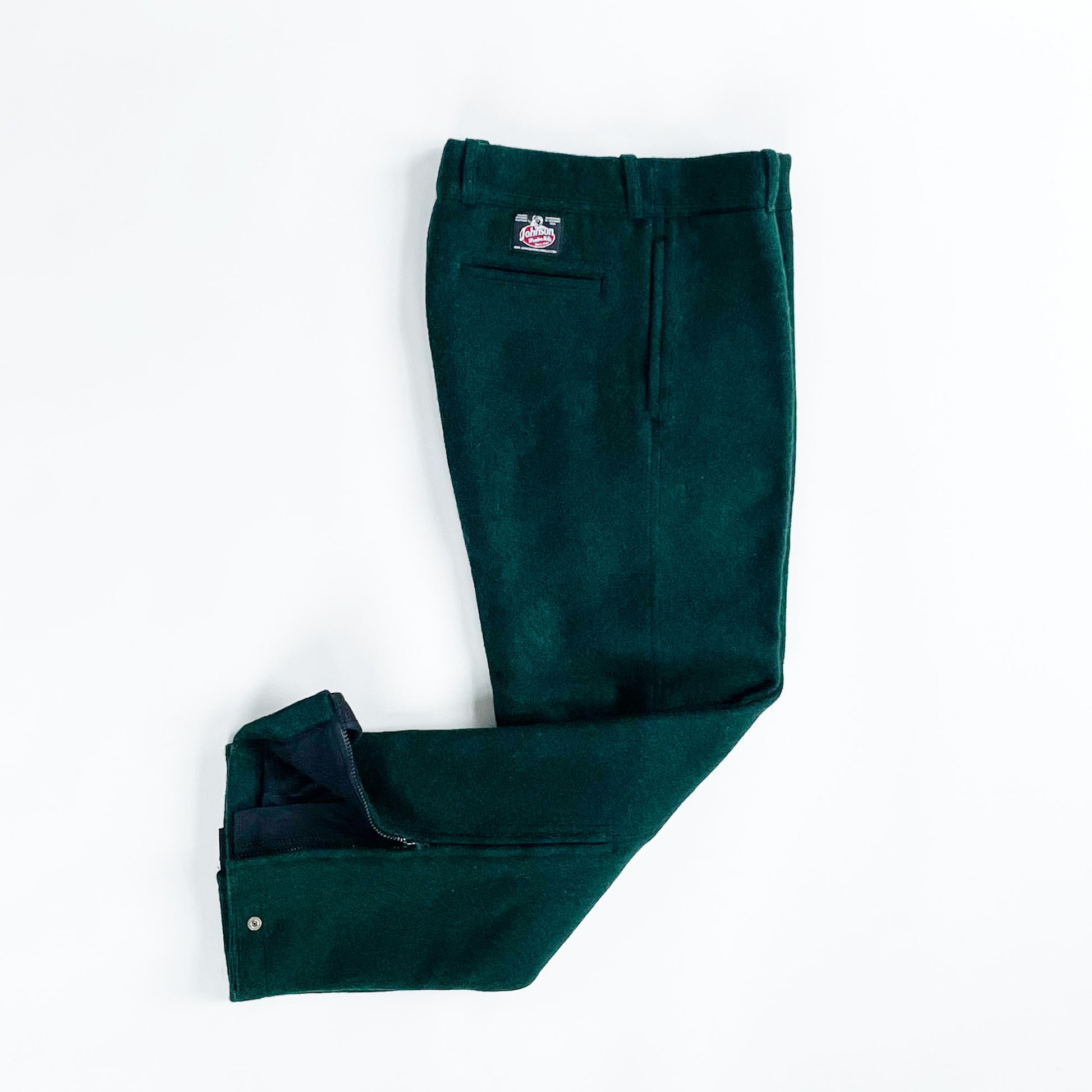 Zip Pants Spruce Green Microtherm Lined 15 inch side zipper on each leg side view with bottom opened
