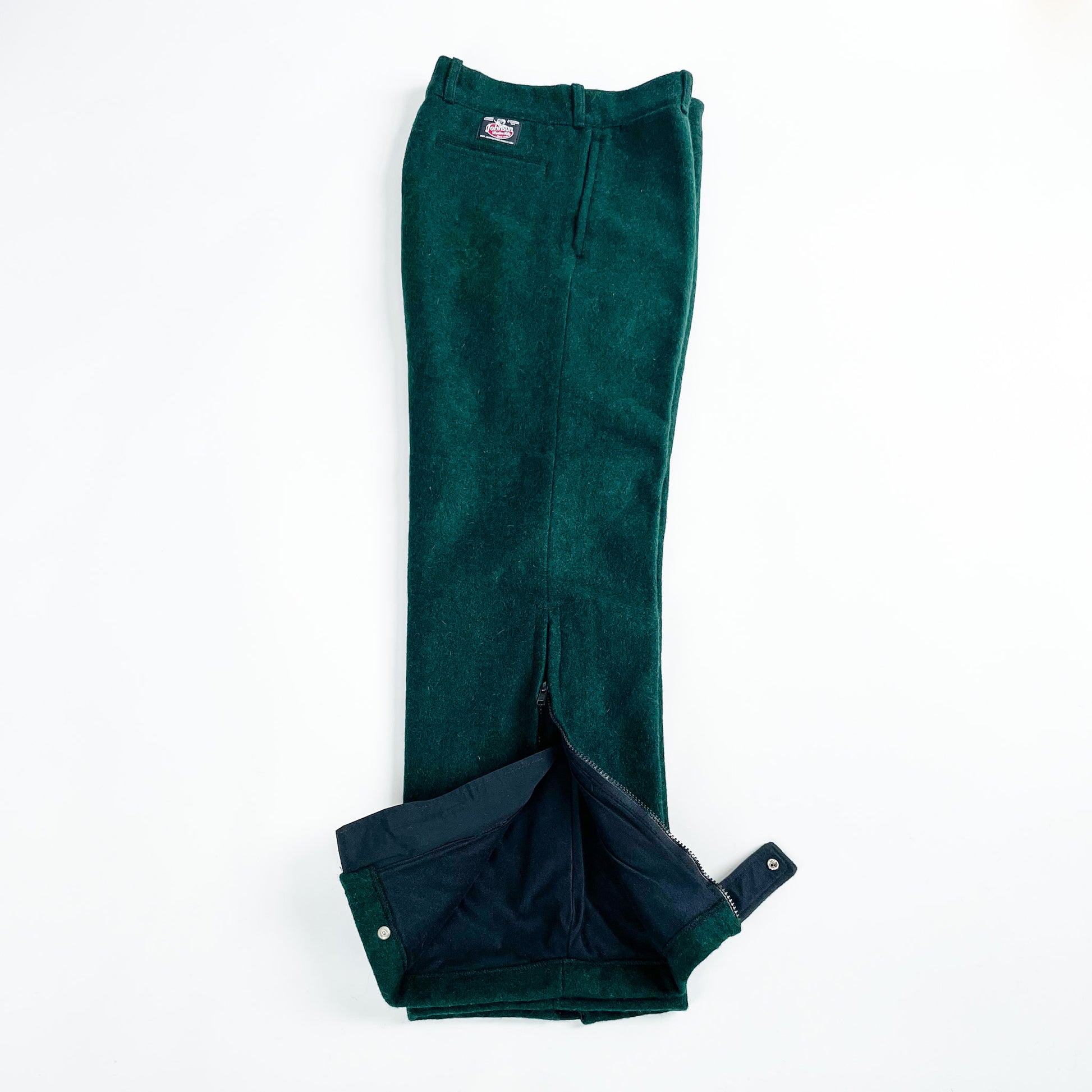 Zip Pants Spruce Green Microtherm Lined 15 inch side zipper on each leg side view with bottom opened