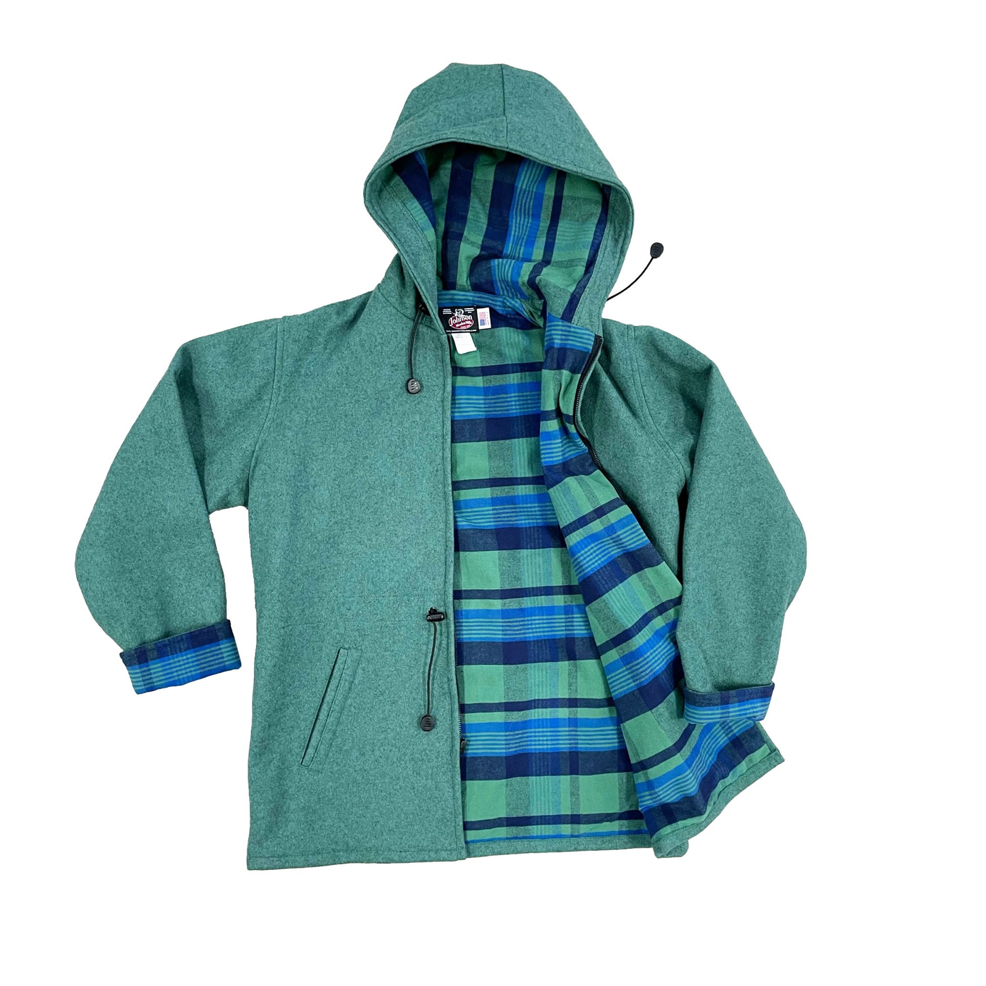 Johnson Woolen Mills Women's green wool anorak jacket with green and blue flannel lining