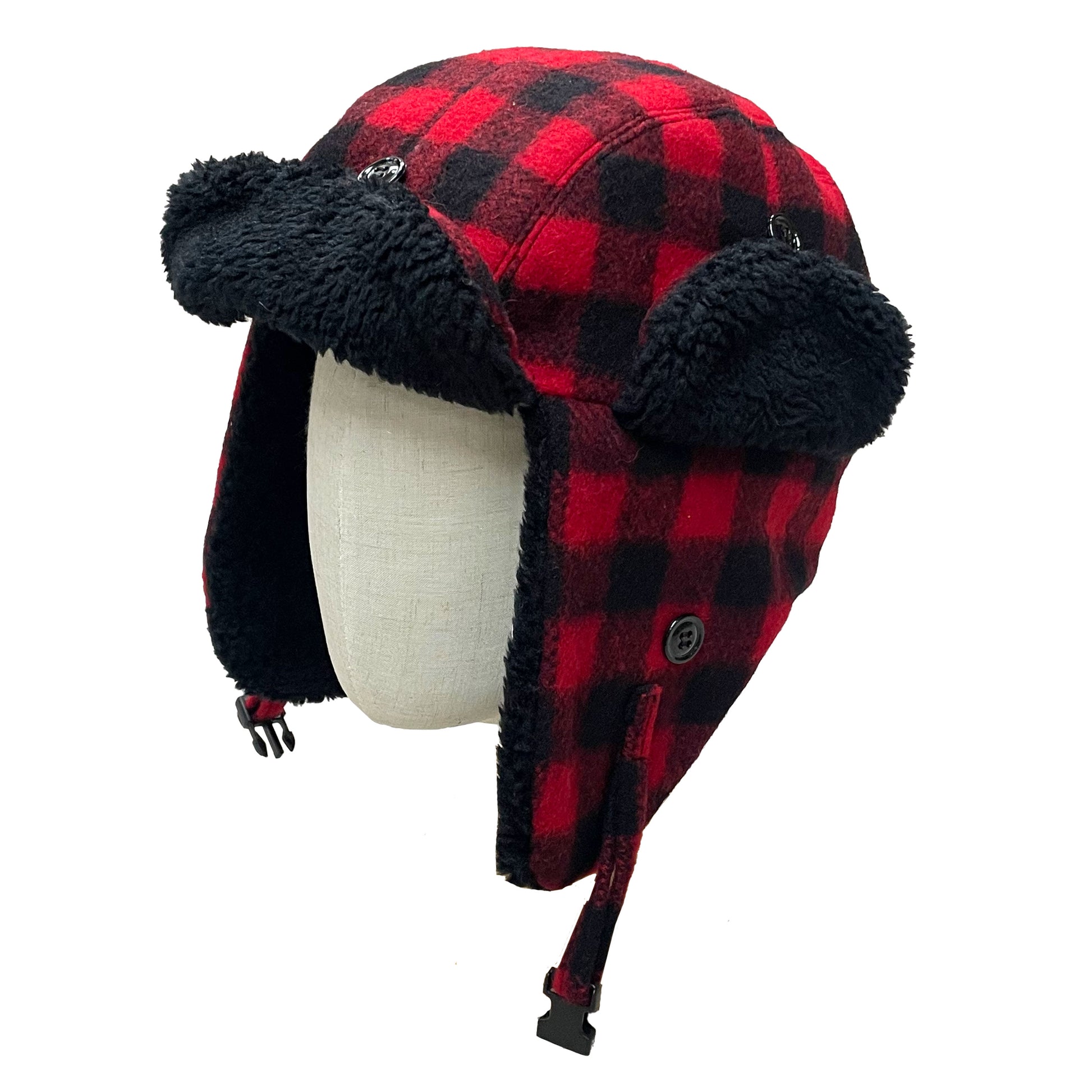 Red and black buffalo plaid wool bomber style hat with black sherpa fleece lining around rim and visor. Side view