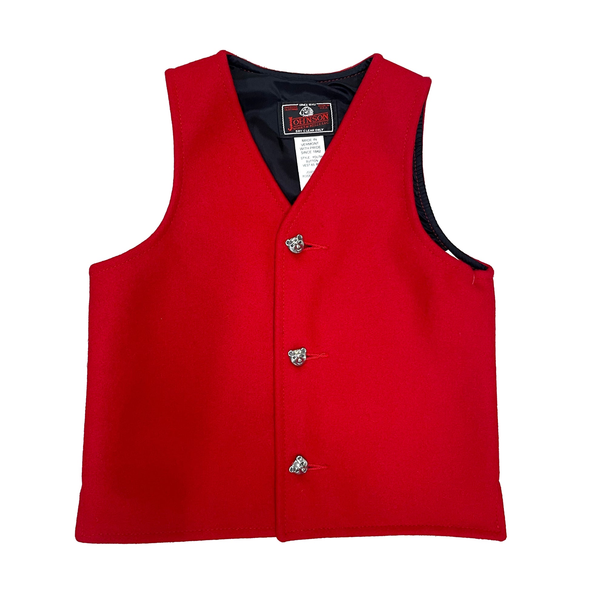 Children's wool vest in red with three bear buttons
